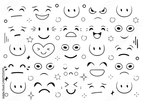 Charming hand drawn doodle emoji faces collection featuring expressive emotions in a whimsical sketch style perfect for digital art projects