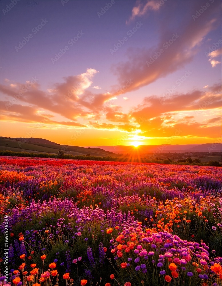 Obraz premium A vibrant field of wildflowers in full bloom, with a stunning sunset casting warm hues of orange and pink across the sky, creating a serene atmosphere.