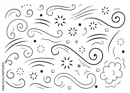 Hand drawn doodle wind line sketch collection featuring swirling air currents and weather elements in a simple artistic style