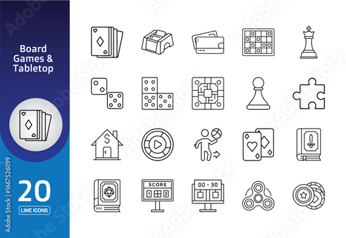 Board games & tabletop vector illustration icon set contains playing cards, dice