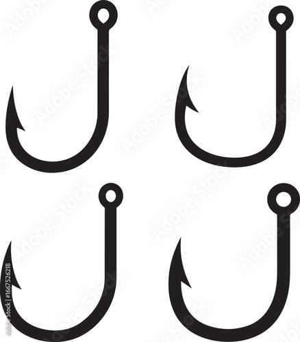 Four fishing hooks in a simple black silhouette