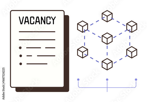 Job vacancy document next to a blockchain diagram representing decentralized technology. Ideal for recruitment, hiring, technology, innovation, data, decentralization, and career themes. Simple flat