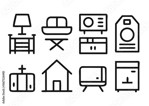 Comprehensive collection of home appliance and furniture icons for digital and print applications in multiple colors