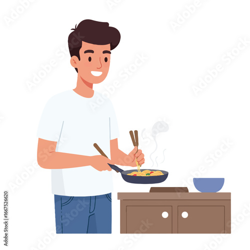 Young man cooking noodles in a pan at home, wearing casual clothing, presented in a vibrant flat cartoon vector illustration on a clean isolated white background.
