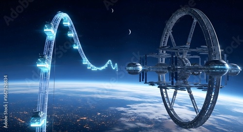 A futuristic space station with a large wheel and a glowing blue track, set against a dark sky with a curved Earth, AI Generated.