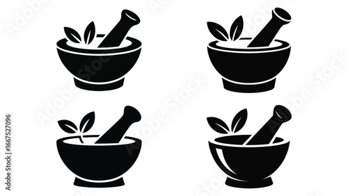 Mortar and pestle with leaves set of herbal icons 

