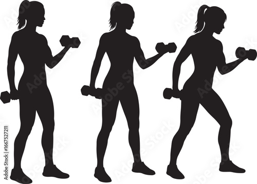 Three women exercising with dumbbells silhouette