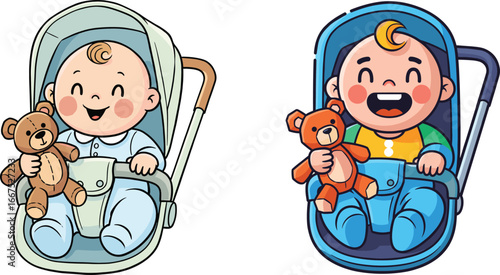 Cute baby sitting in stroller with teddy bear, happy infant cartoon illustration, adorable child smiling travel moment, toddler toy companion