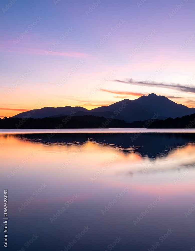 Fototapeta premium Calm lake reflects colorful sunset over mountains