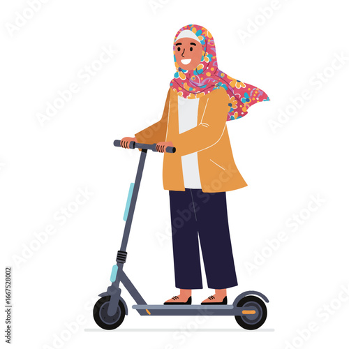 Smiling young Arab woman wearing a hijab confidently rides an electric scooter, embodying modern urban mobility and a vibrant, independent lifestyle in a clean 2D flat vector illustration.