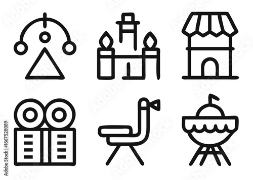 Comprehensive collection of entertainment themed graphic elements featuring adjustable line weight and multiple color options for diverse creative projects