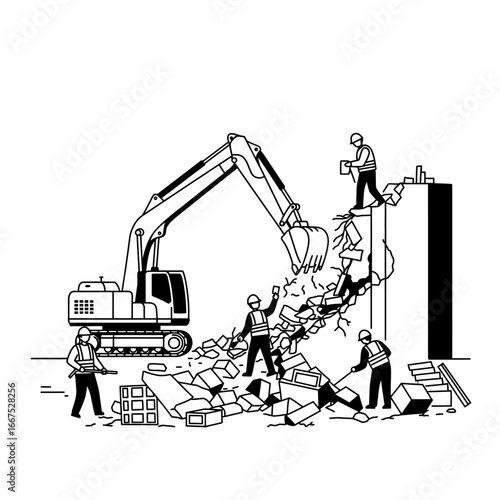 This dynamic illustration portrays skilled construction workers and powerful heavy machinery diligently engaged in a building demolition project, efficiently clearing rubble and debris.