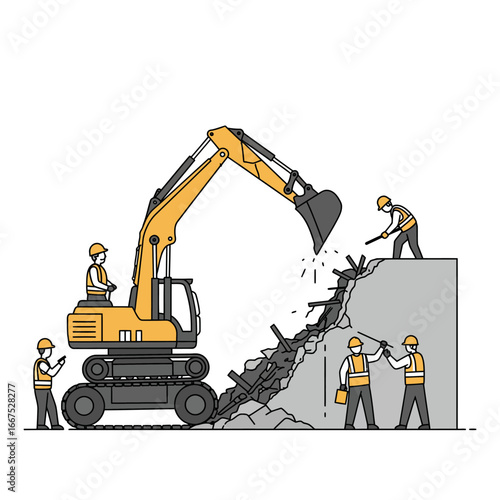 A team of diligent construction workers, equipped with safety gear, efficiently uses a large yellow excavator to demolish a concrete wall on a job site.