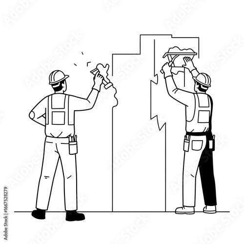 Two diligent construction workers wearing safety gear are expertly applying plaster to a wall, symbolizing dedicated teamwork and professional home renovation services.