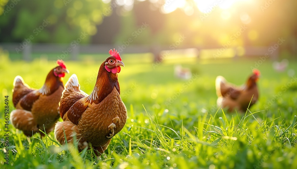 Fototapeta premium A lively group of chickens foraging in a sunlit backyard, showcasing various breeds with vibrant feathers, pecking at the ground and interacting playfully.