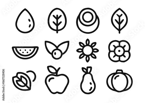 Comprehensive collection of farm produce icons featuring adjustable line weight and balanced scales for agricultural themes