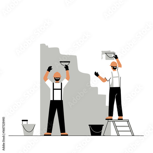 Professional handymen in safety gear efficiently plaster a wall, showcasing dedicated effort in modern building maintenance and renovation.
