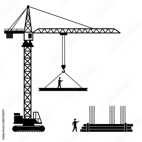 A detailed black and white illustration depicts a towering construction crane lifting a heavy beam with a worker, symbolizing industrial development and urban growth.