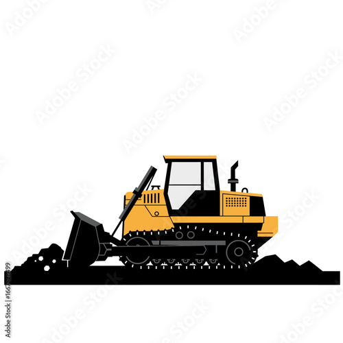 A vibrant yellow bulldozer illustration depicts heavy construction equipment actively moving earth, symbolizing powerful industrial development and site preparation.