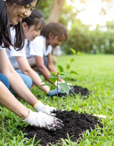 A diverse group of individuals, including children and adults, enthusiastically planting young trees in a lush green field under a clear blue sky.