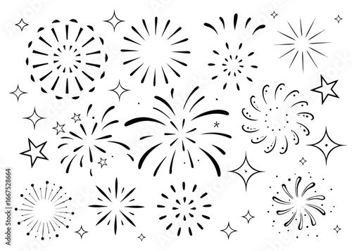 A comprehensive collection of festive fireworks icons in a celebratory color palette perfect for holiday designs
