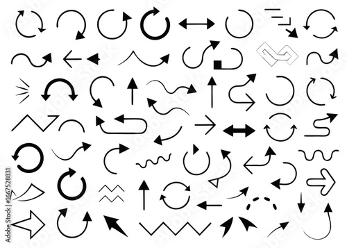 Collection of flat directional arrows featuring straight and curved designs in a modern style