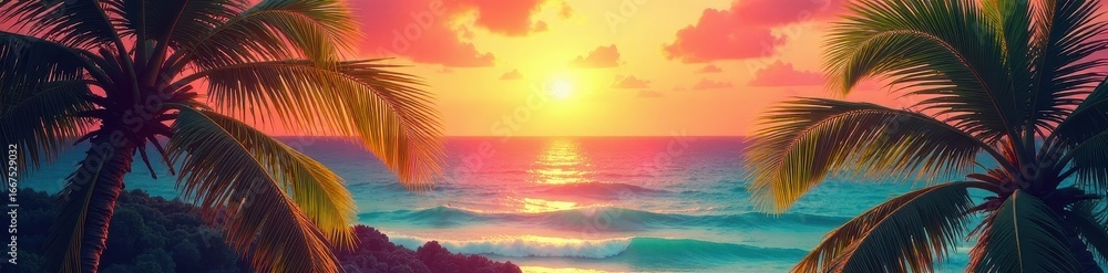 Obraz premium Exploding hues, stylized palm fronds, sunburst effect, energy, explosion