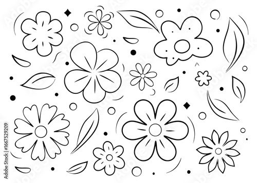 Charming hand drawn floral elements with watercolor crayon textures for spring designs and artistic creations