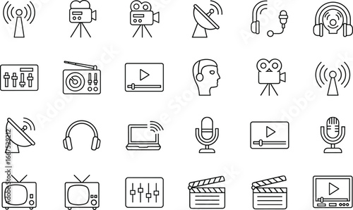 Black and white media communication icons set including radio, video, satellite, microphone, headphones, television, broadcasting, audio mixer, and technology symbols