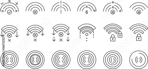 Black and white Wi‑Fi and wireless connectivity icons set including signal strength, secure network, internet access, and communication technology symbols