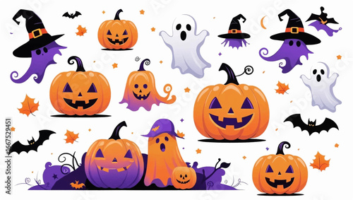 Halloweenthemed image with bats, ghosts, pumpkins, purple characters. Suitable for holiday marketing, social media posts, and festive designs.