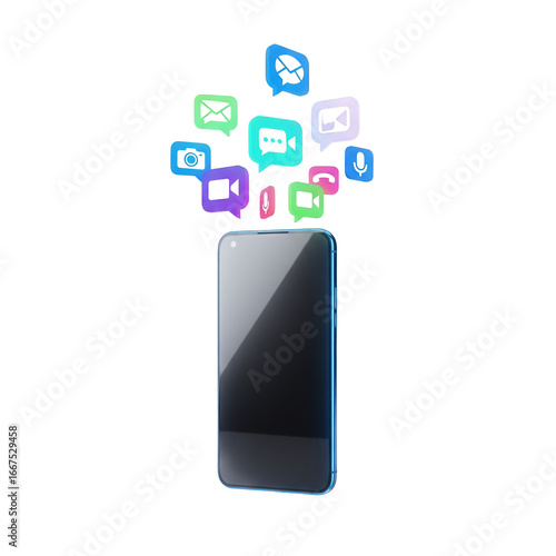 Smartphone Displaying Messaging Icons in Vivid Colors on a Black Transparent Background