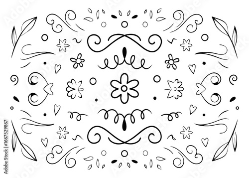 Charming hand drawn floral border design with vintage ribbon accents and delicate doodles for elegant invitations and stationery