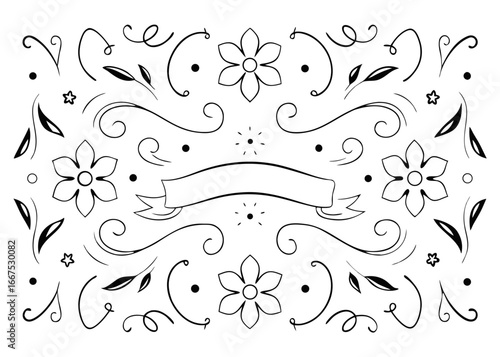 Charming hand drawn floral border design with vintage ribbon accents and delicate doodles perfect for invitations and decorative projects