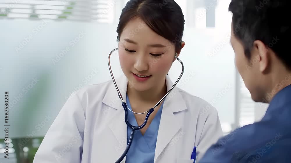Asian female doctor in white coat using stethoscope on patient in clinic examination room setting scene Asian female doctor in white coat using stethoscope on patient in clinic examination room setting scene