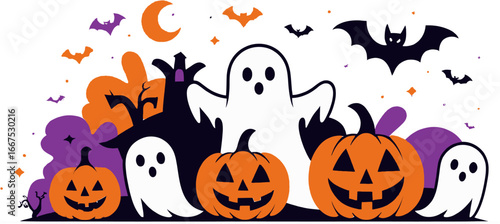 Halloween symbols are illustrated with pumpkins, ghosts, and bats. Ideal for spookythemed designs like posters, invitations, and social media posts.