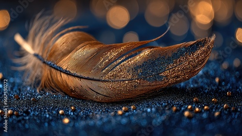 Golden feather on dark blue glitter (1)
