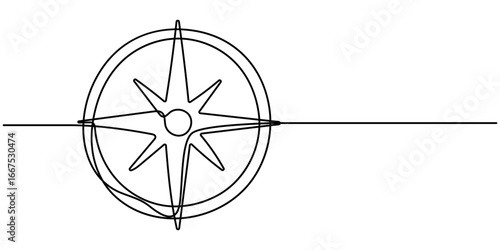 Magnetic compass continuous one line drawing. Land, sea, navigation, geography compass single line art illustration. Editable vector.  