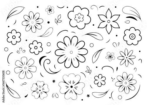 Elegant continuous line art floral elements collection for decorative graphic design projects and artistic applications