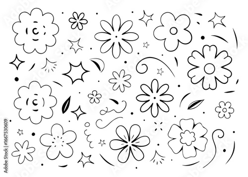 Elegant continuous line art floral elements collection featuring delicate blooms and botanical accents for decorative design projects