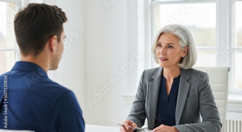 Wallpaper Mural A middle-aged woman in a gray suit talking to a young man in a blue shirt. Torontodigital.ca