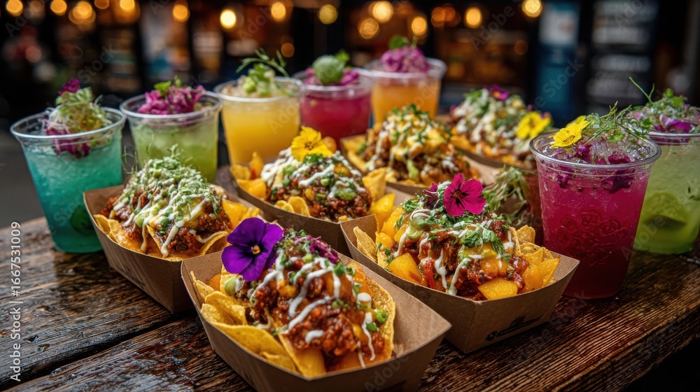 Fototapeta premium Dynamic Street Food Scene Featuring an Eye-Catching Display of Colorful Tacos Encouraging Culinary Exploration and Community Engagement