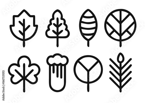 A comprehensive collection of forest themed graphic elements featuring adjustable line weight for trees and natural scenery designs