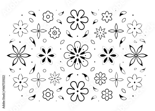 Collection of delicate floral shapes and botanical icons featuring blossoms and petals in a monochrome palette with accent colors