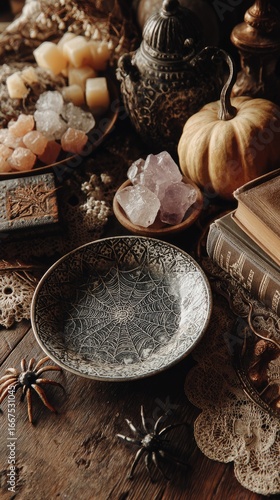 Spooky autumnal still life with a decorative plate