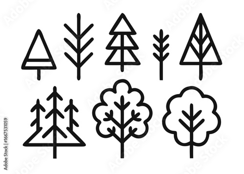 Comprehensive collection of woodland nature symbols featuring adjustable line thickness for versatile graphic design applications