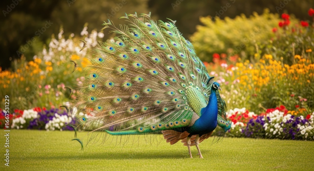 Obraz premium A vibrant peacock displaying its colorful feathers in a lush garden with a variety of colorful flowers.
