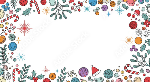 Whimsical hand-drawn Christmas border with festive ornaments, mistletoe, and candy canes