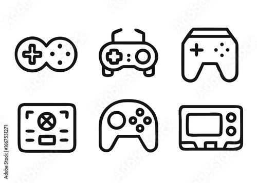 A comprehensive collection of gaming and video game themed graphic elements featuring adjustable line thickness for versatile application in digital and print media projects