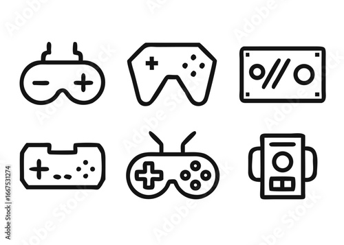 Comprehensive collection of gaming and video entertainment icons with adaptable line elements for digital projects
